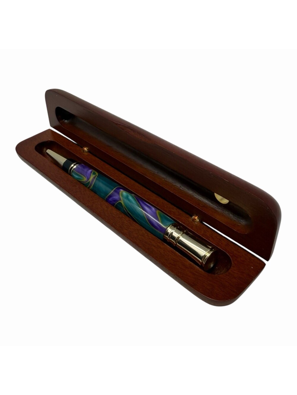 Handmade Resin Ballpoint Pen Purple Teal Swirl Gold Trim with Wood Gift Case